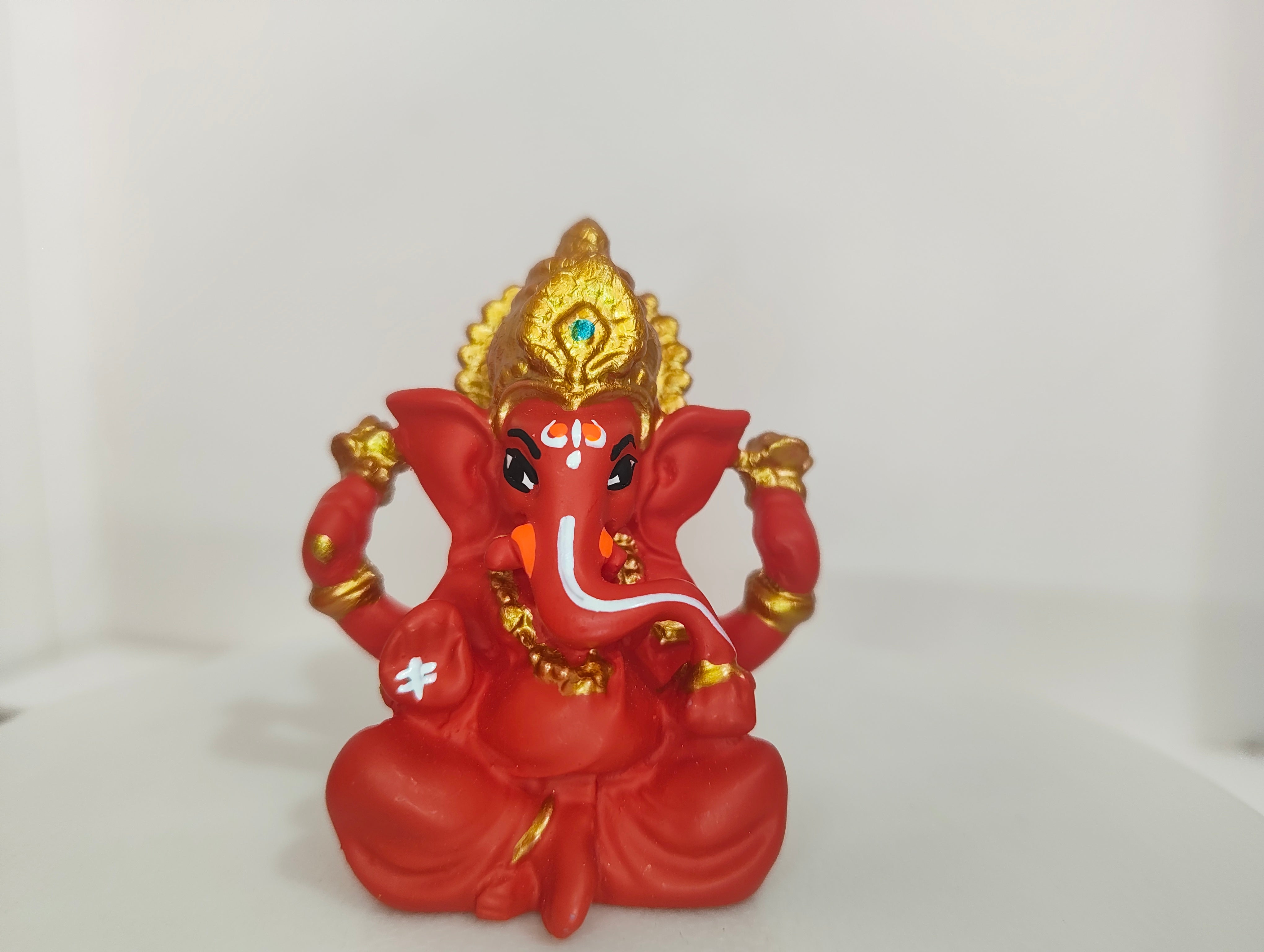 Exquisite Red & Gold Crowned Ganesha Miniature Idol